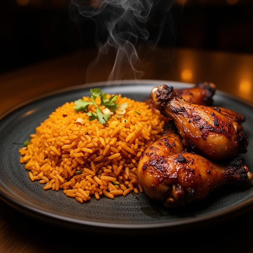 BBQ chicken wings and jollof rice on a dark ceramic plate with dramatic restaurant lighting